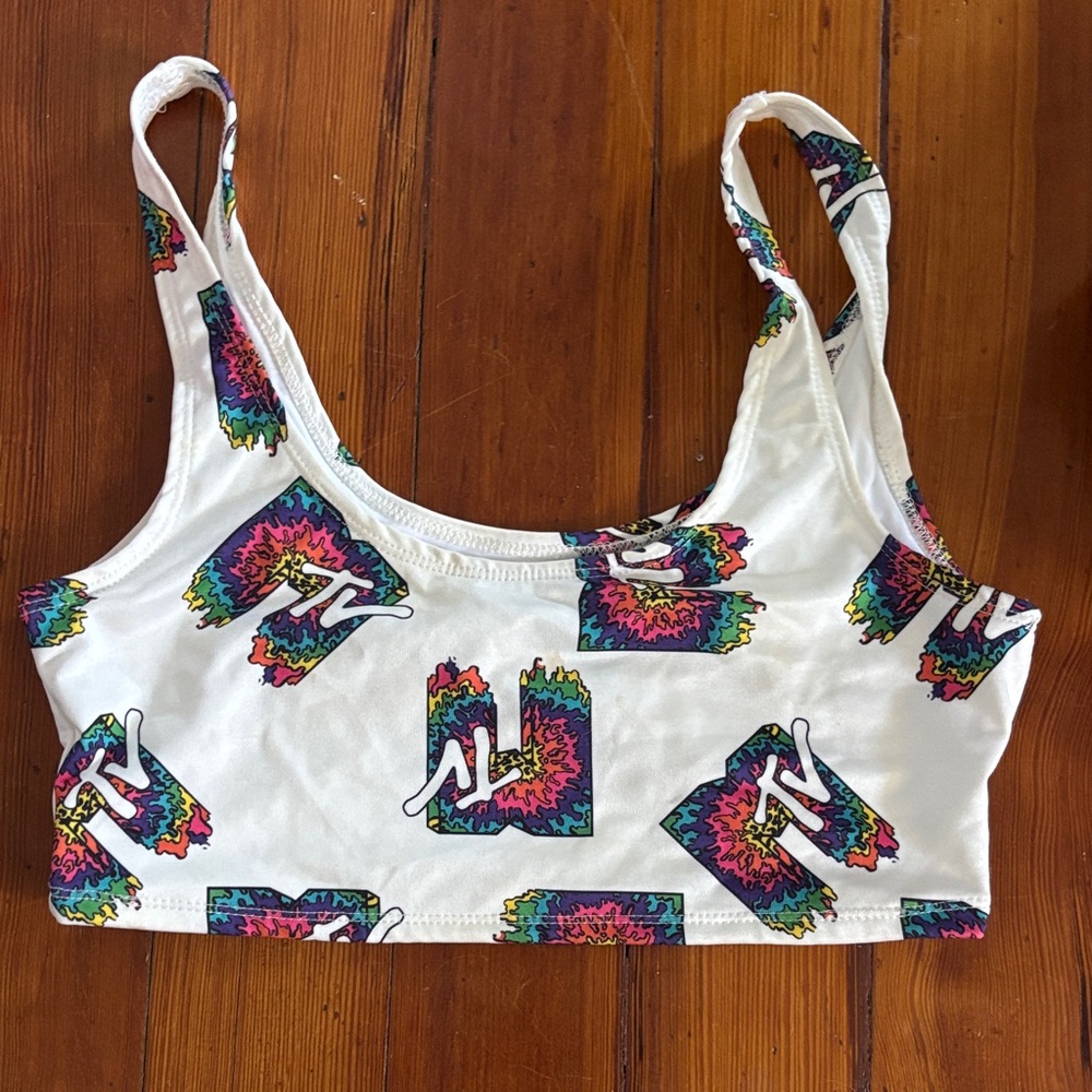 White bikini top with Multicolor Tie-Dye MTV Logo